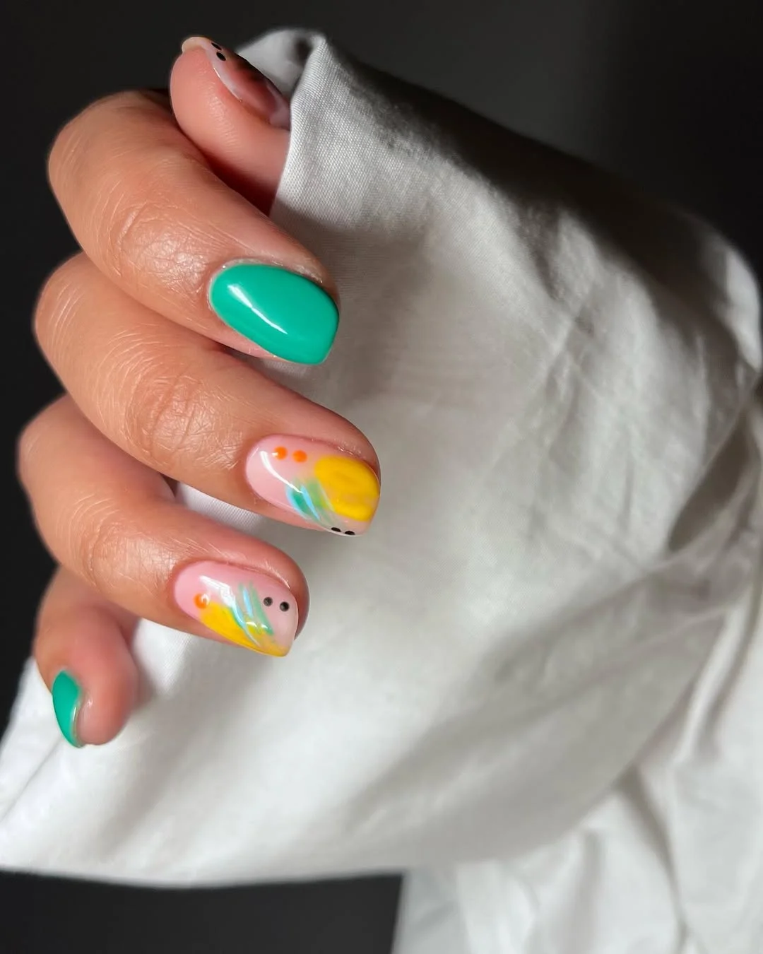 short gel nails summer 2026 Green And Yellow Floral Gel Nails With A Fresh Tropical Accent