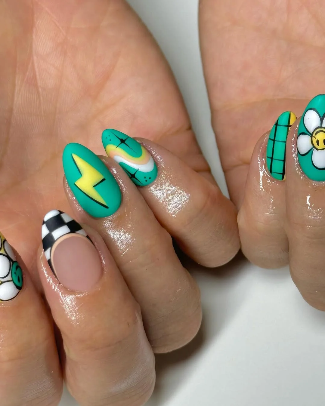 short gel nails summer 2026 Graphic Green Gel Nails With Lightning Checks And Daisy Art