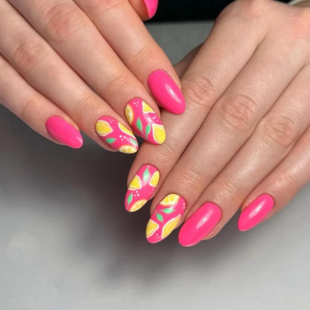 short gel nails summer 2026 Hot Pink Lemon Gel Nails With A Juicy Summer Mood