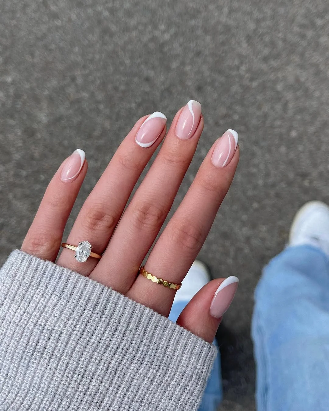 short squoval nails design 2026 Soft White Waves on a Sheer Squoval Base