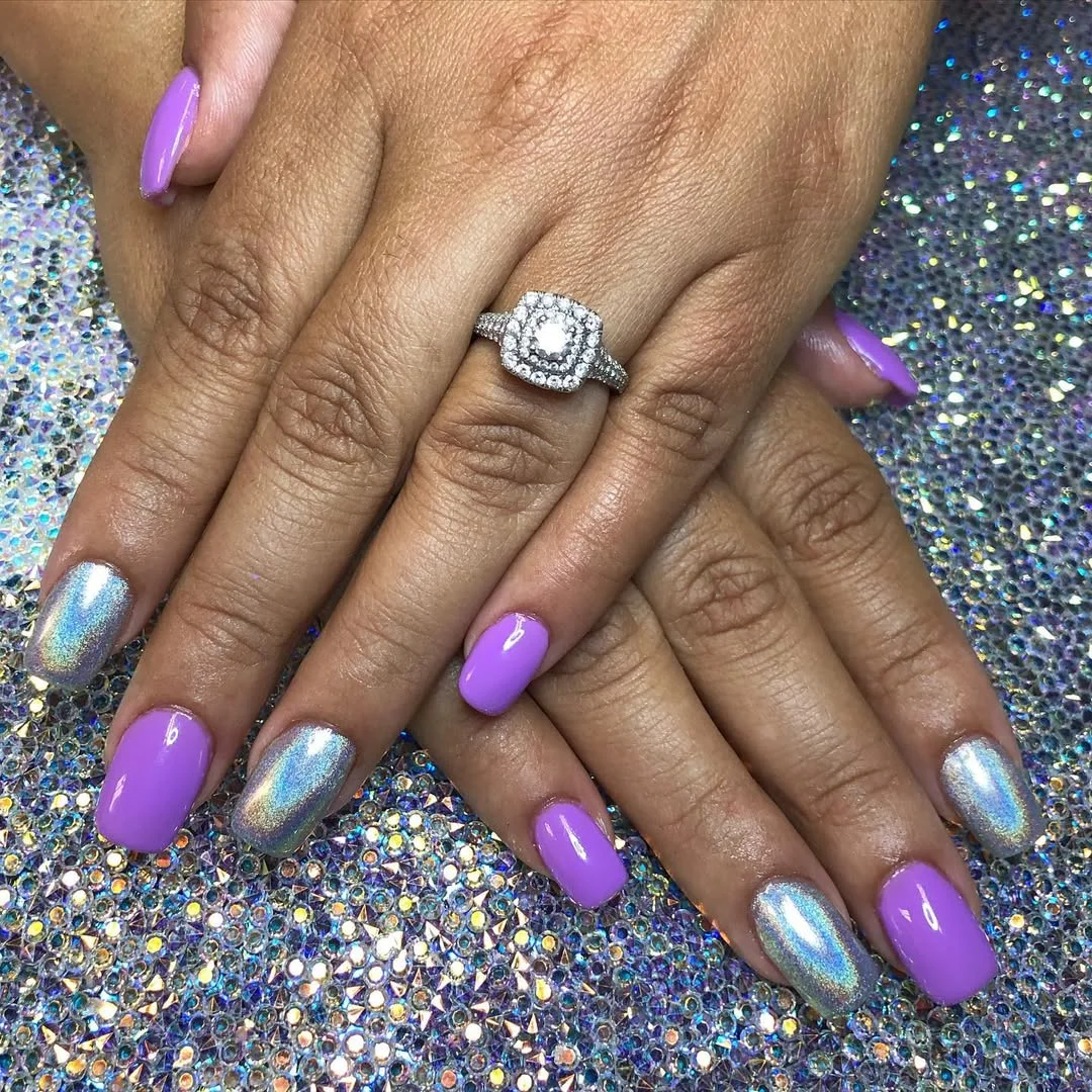 short squoval nails design 2026 Purple and Holographic Chrome Squoval Nails