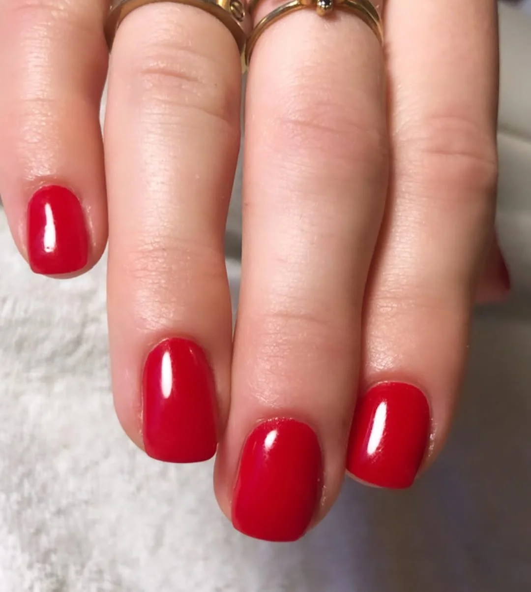 short squoval nails design 2026 Classic Red Short Squoval Nails