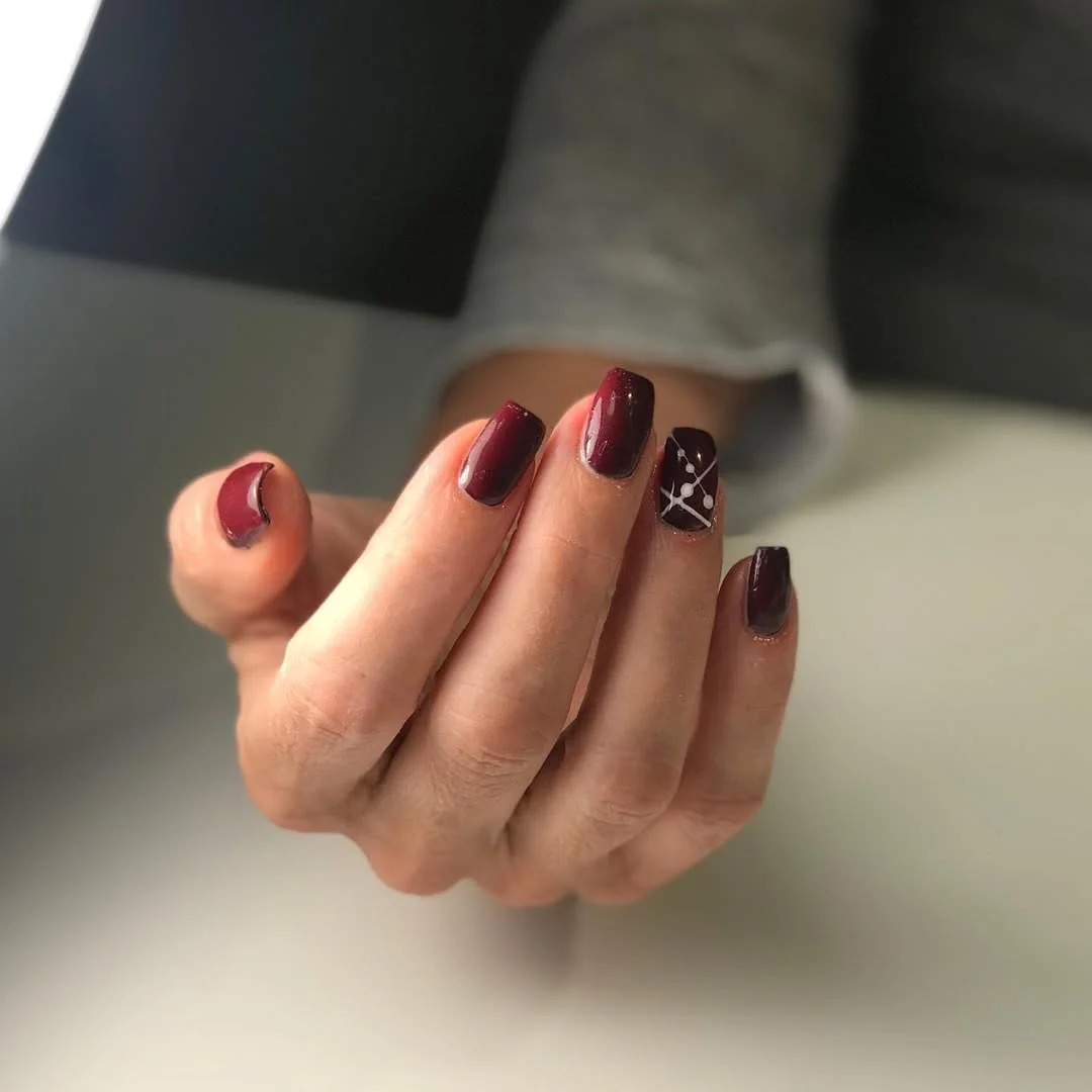 short squoval nails design 2026 Dark Cherry Squoval Nails with White Accent Nailart