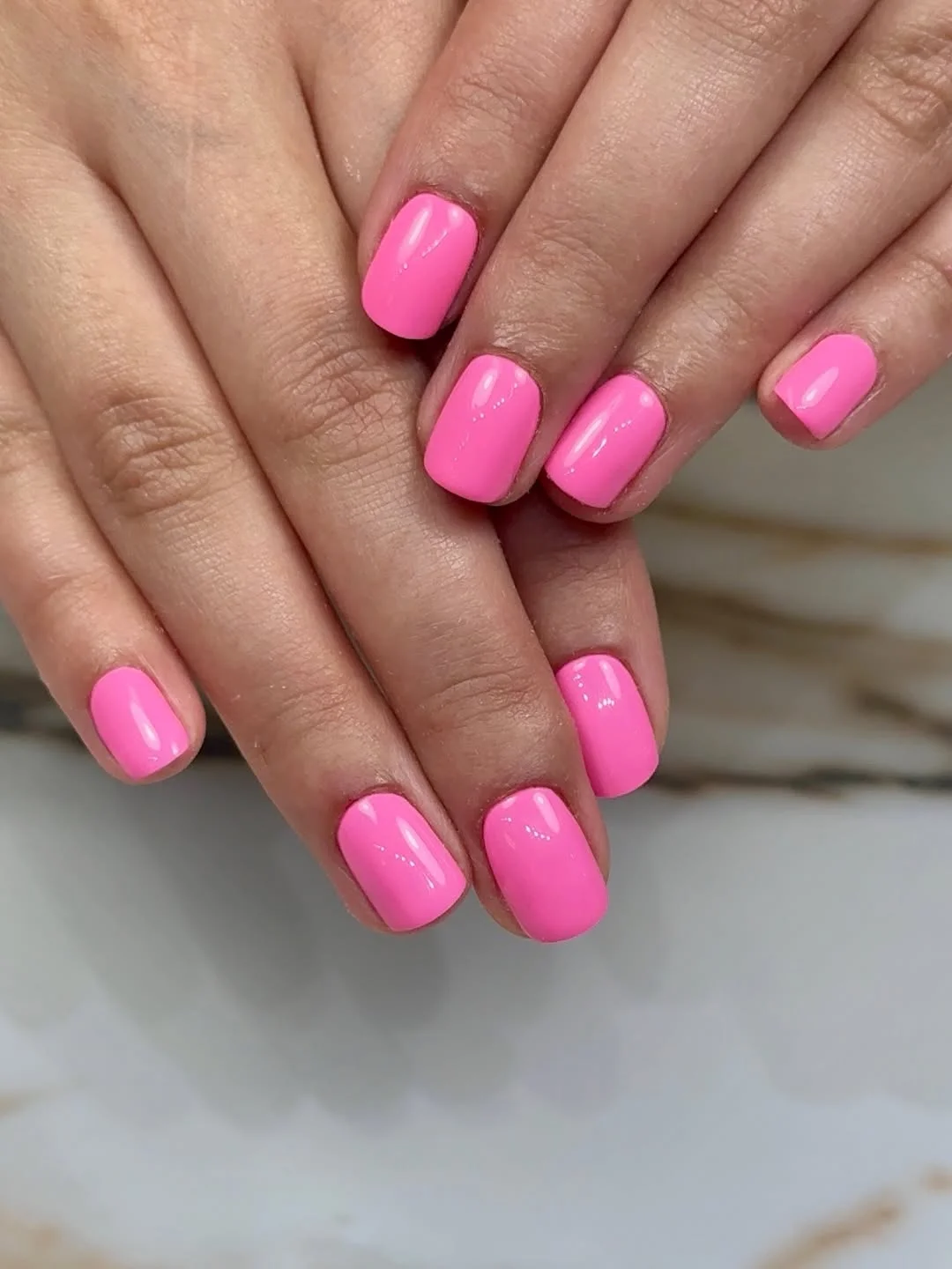 short squoval nails design 2026 Glossy Pink Short Squoval Nails with a Cute Summer Mood