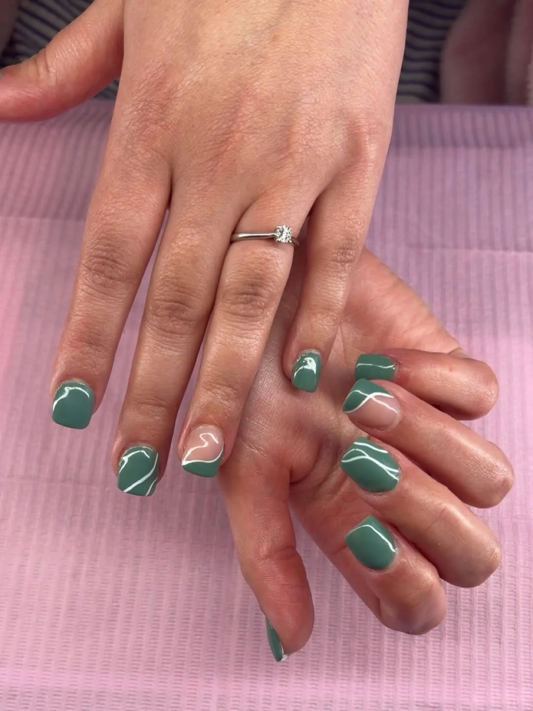 short squoval nails design 2026 Sage Green Squoval Nails with Soft White Line Art