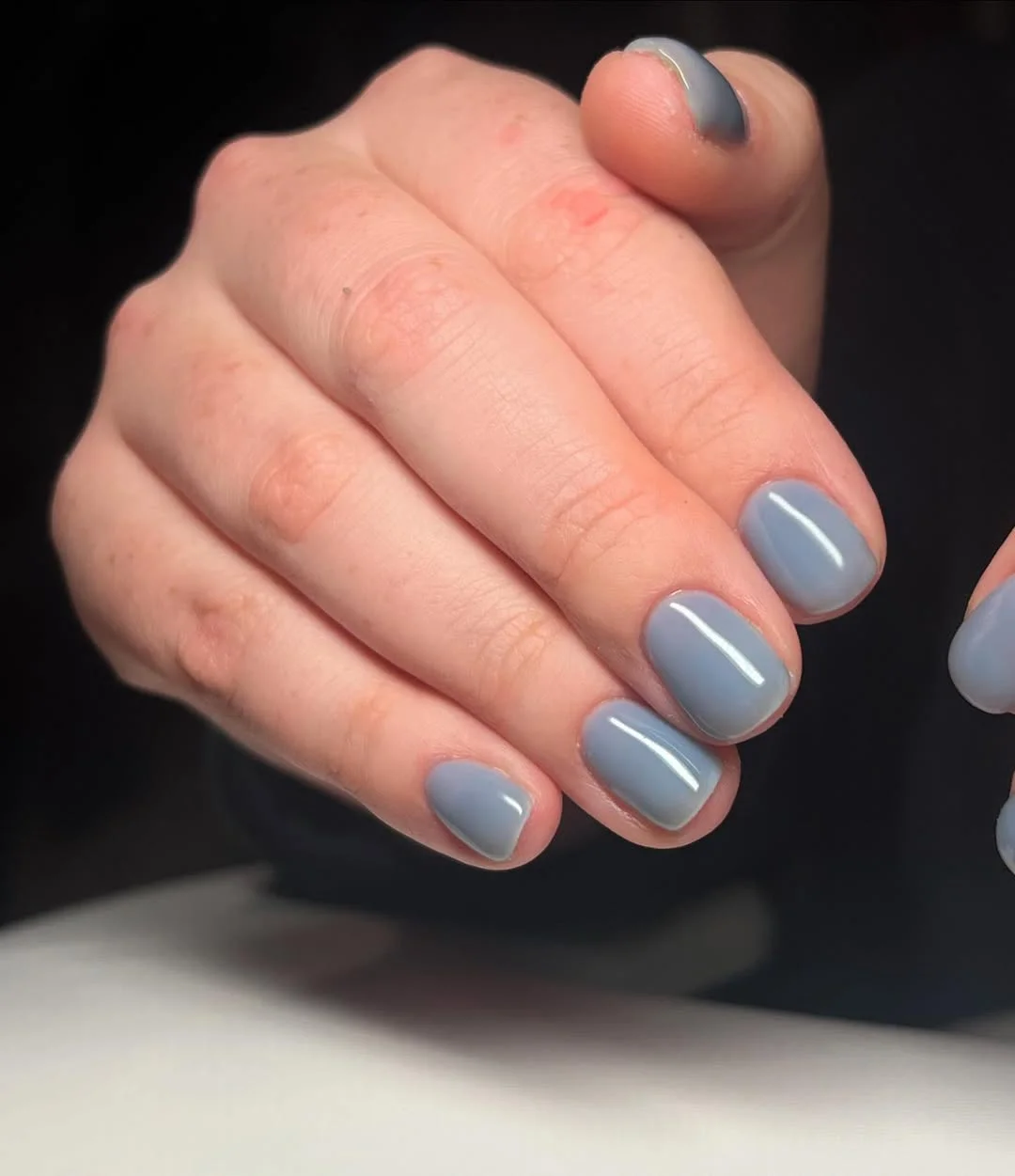 short squoval nails design 2026 Classy Blue Gray Short Squoval Nails