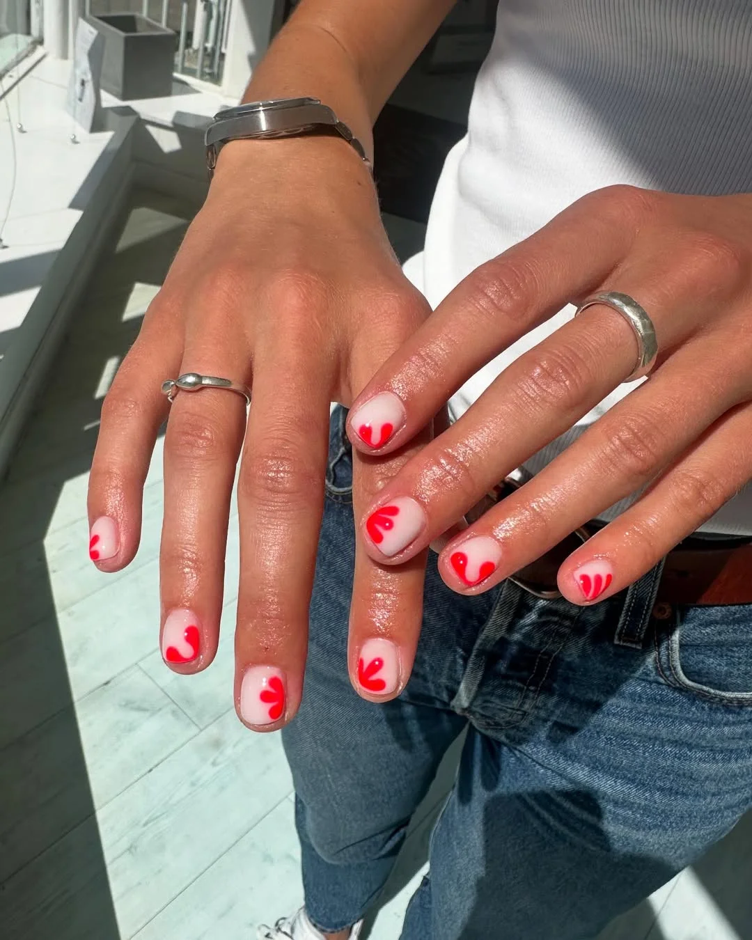 short summer nails 2026 Glossy Red Hearts On Bare Short Nails