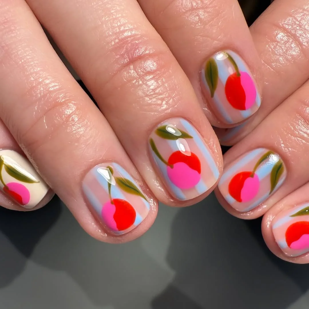 short summer nails 2026 Cherry Pop Art On Short Rounded Nails