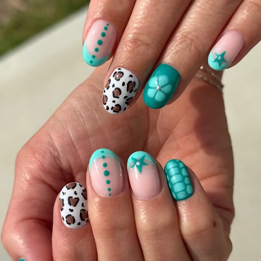 short summer nails 2026 Turquoise Jungle Mix On Short Rounded Nails