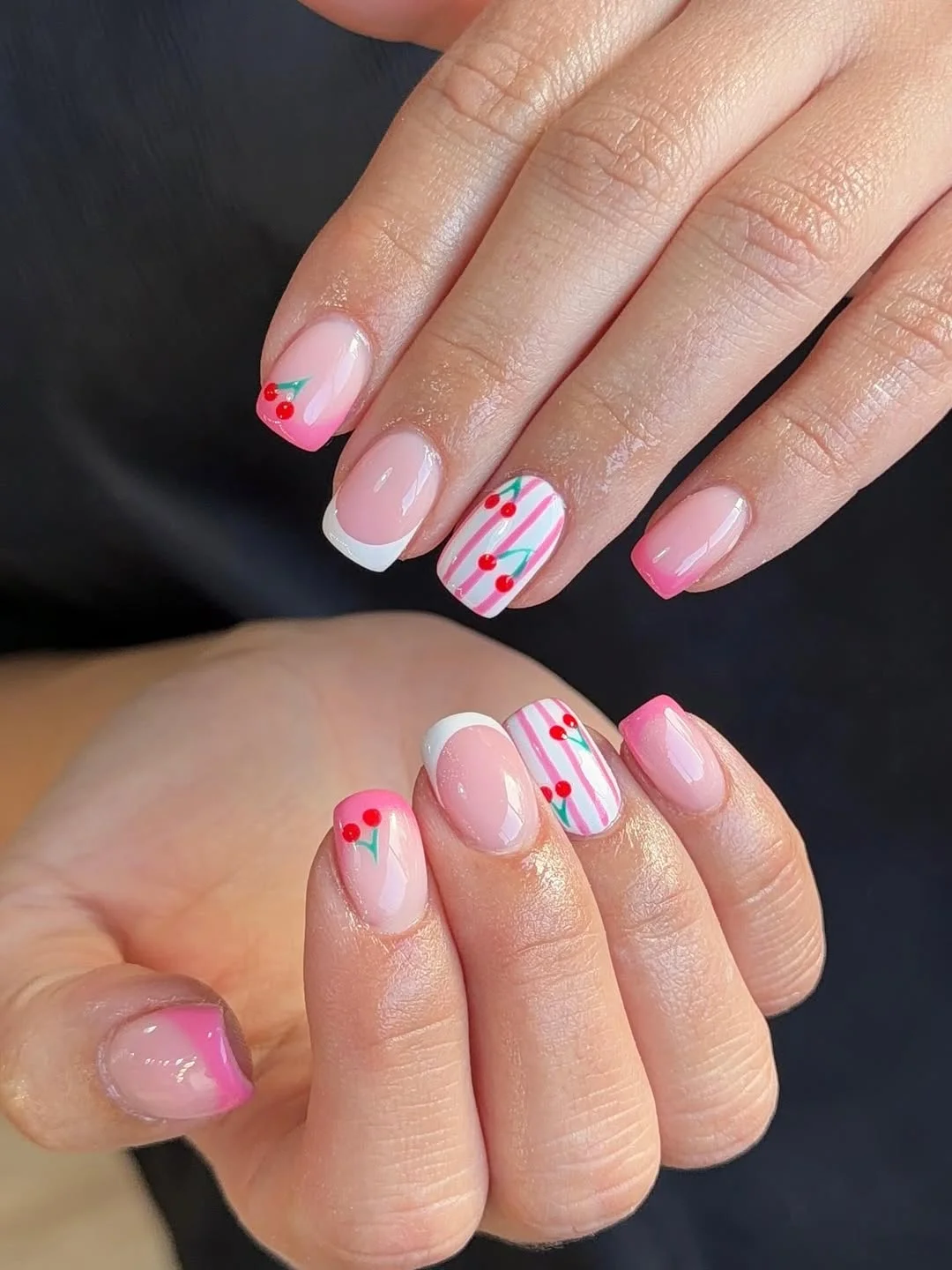 short summer nails 2026 Pink Cherry French On Short Square Nails