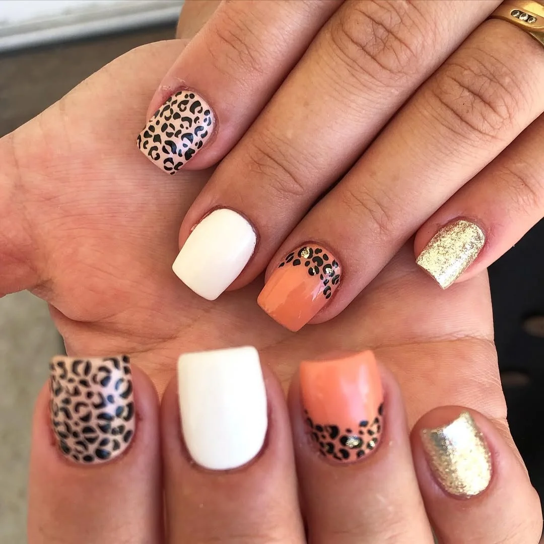 short summer nails 2026 Peach Leopard And Gold Short Square Nails