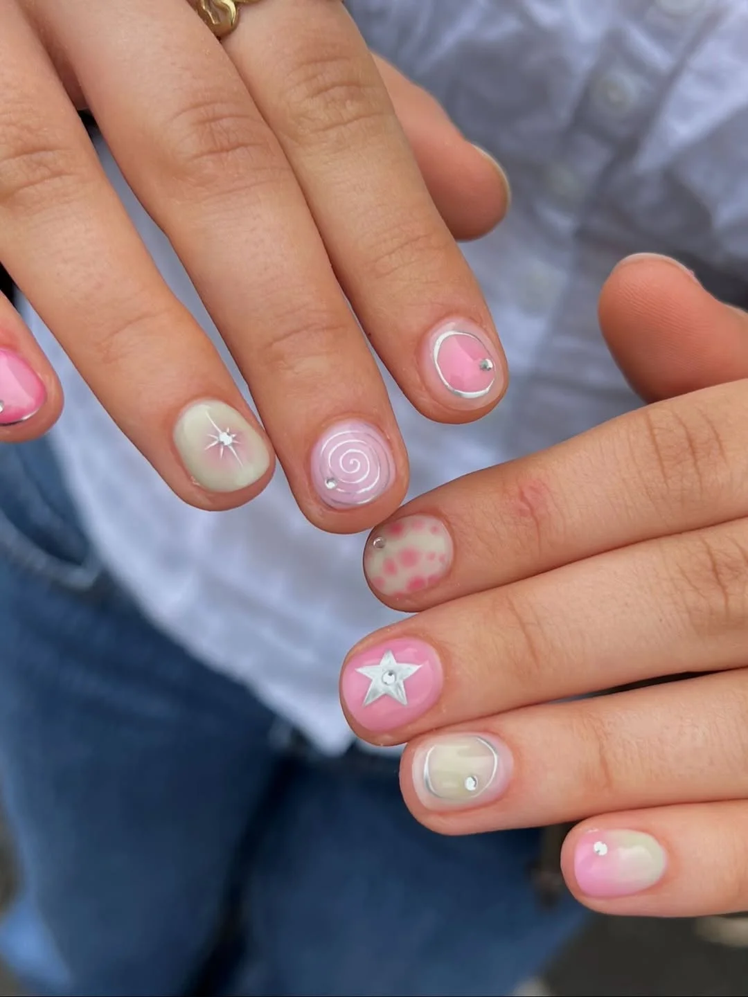 short summer nails 2026 Pastel Aura Charms On Short Round Nails