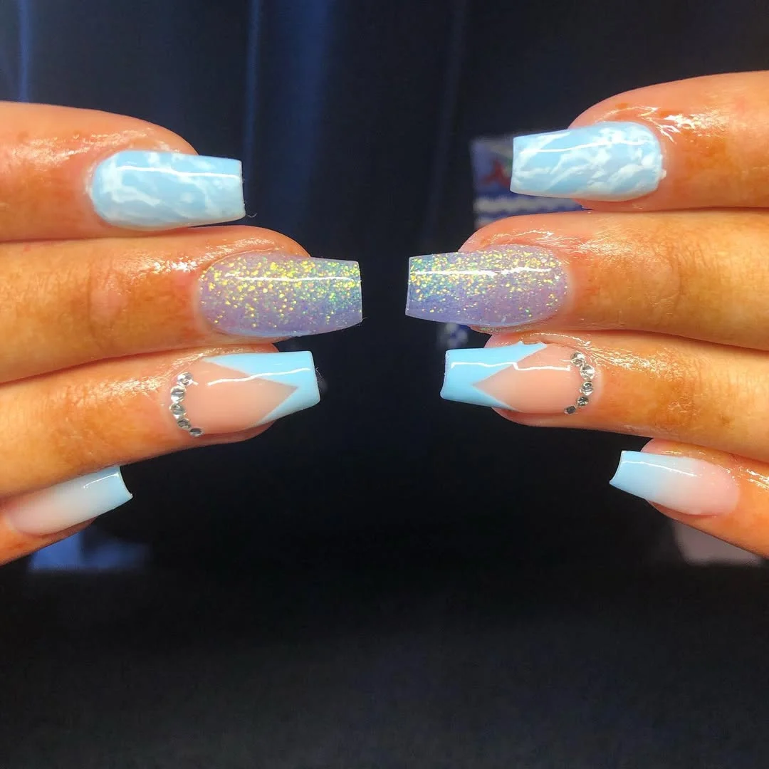 summer acrylic nails 2026 Powder Blue Square Nails With Glitter and Crystal Curves