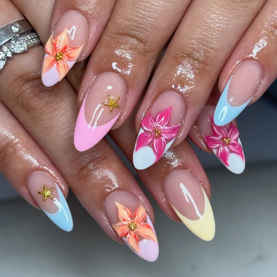 summer acrylic nails 2026 Pastel Flower Almond Nails With Tropical French Tips