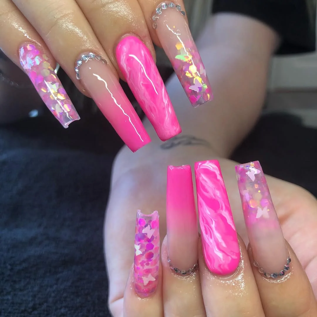 summer acrylic nails 2026 Hot Pink Coffin Nails With Marble and Foil Accents