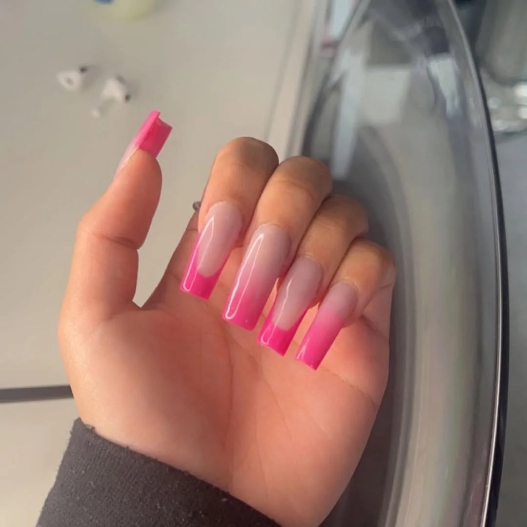 summer acrylic nails 2026 Pink Ombre Coffin Nails With Glossy Summer Drama