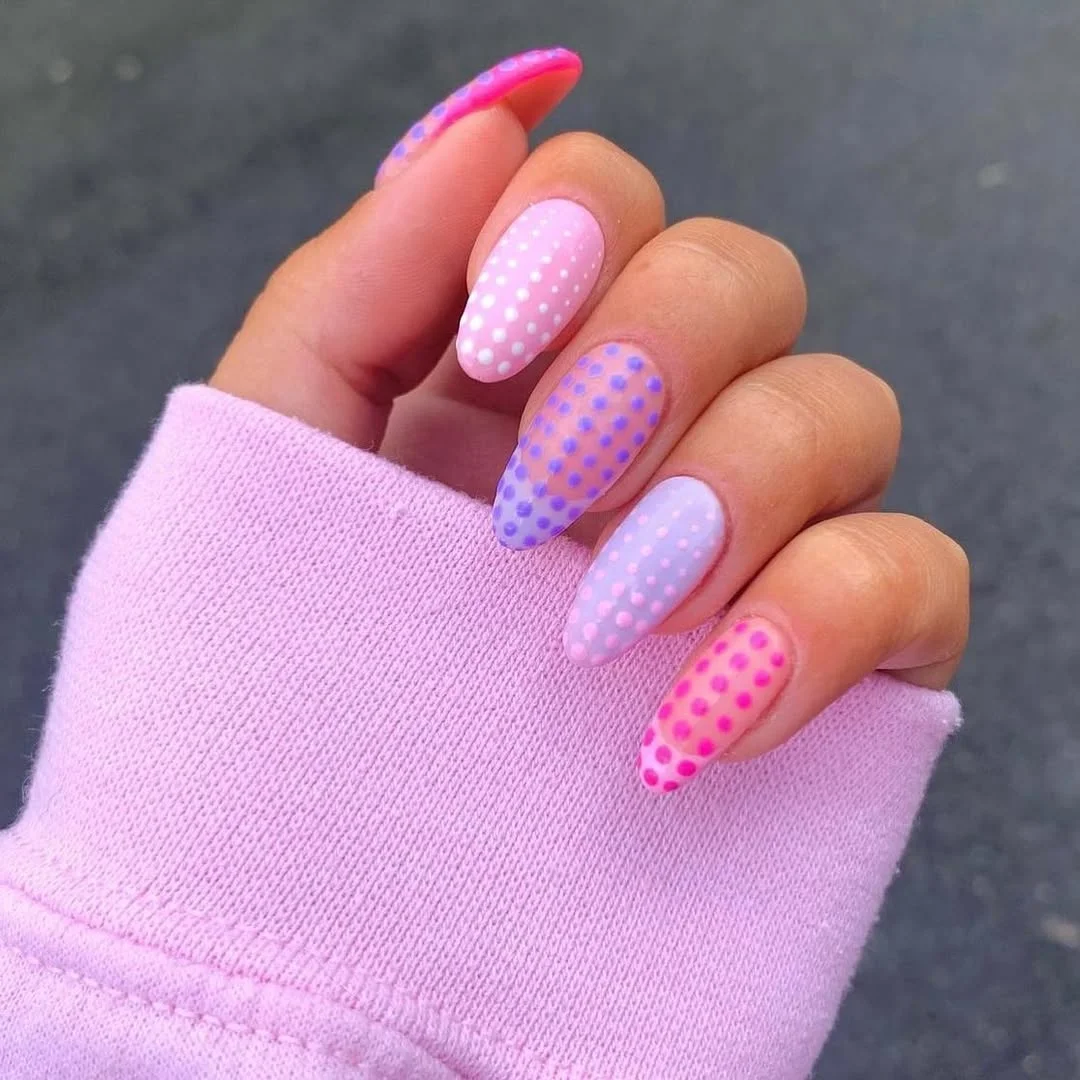 summer acrylic nails 2026 Pastel Polka Dot Almond Nails With Candy-Summer Energy