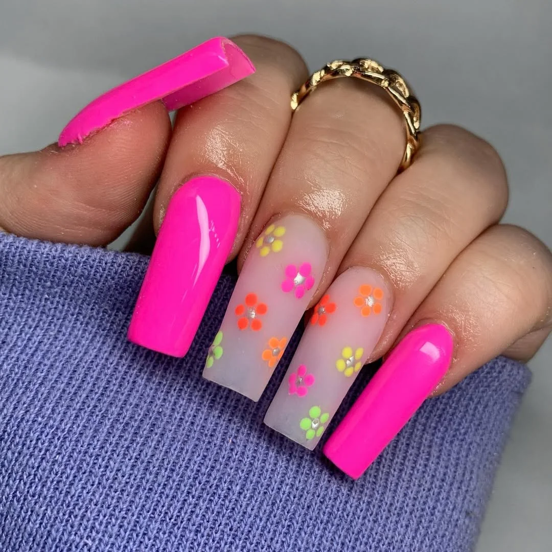 summer acrylic nails 2026 Hot Pink Coffin Nails With Tiny Neon Flowers