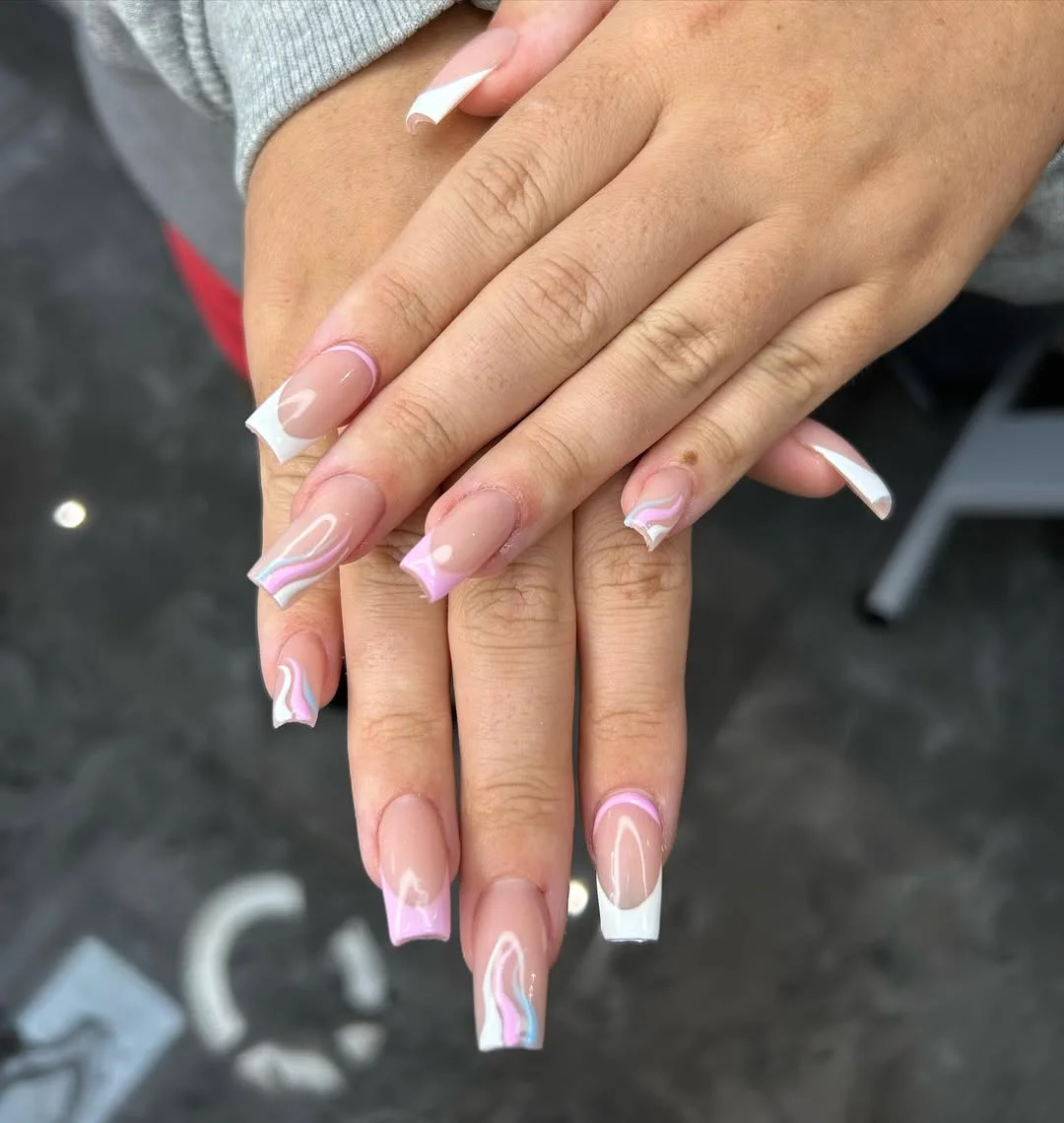 summer acrylic nails 2026 White Square French Tips With Pink Swirl Accents