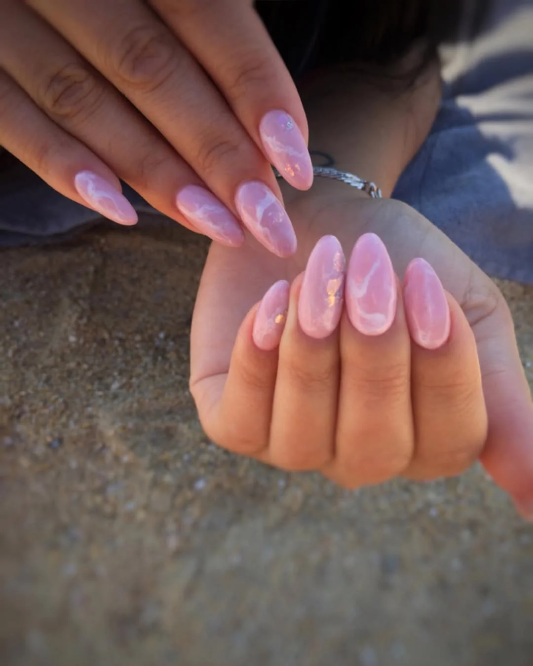 summer acrylic nails 2026 Milky Pink Almond Nails With a Soft Opal Glow