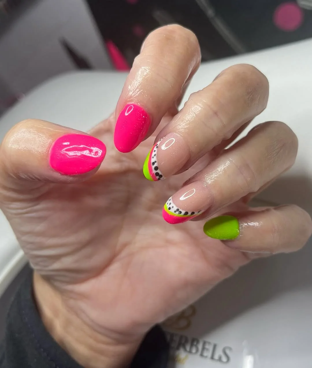 summer acrylic nails 2026 Neon Pink and Lime Almond Nails With Dotted French Accents