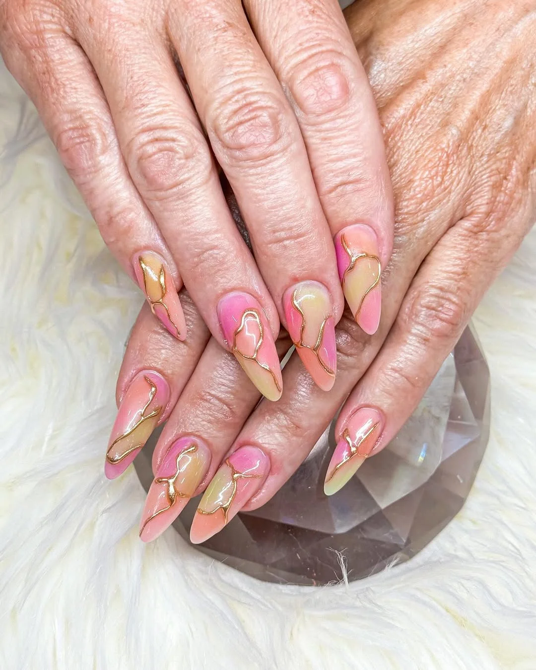 summer acrylic nails 2026 Pink and Lemon Stiletto Nails With Fine Gold Lines