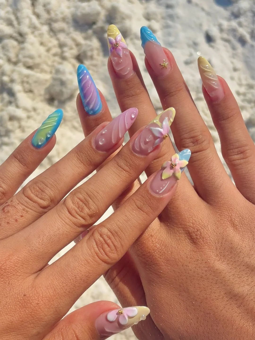 summer beach nails 2026 Pastel 3D Shell Nails With Tropical Flower Accents