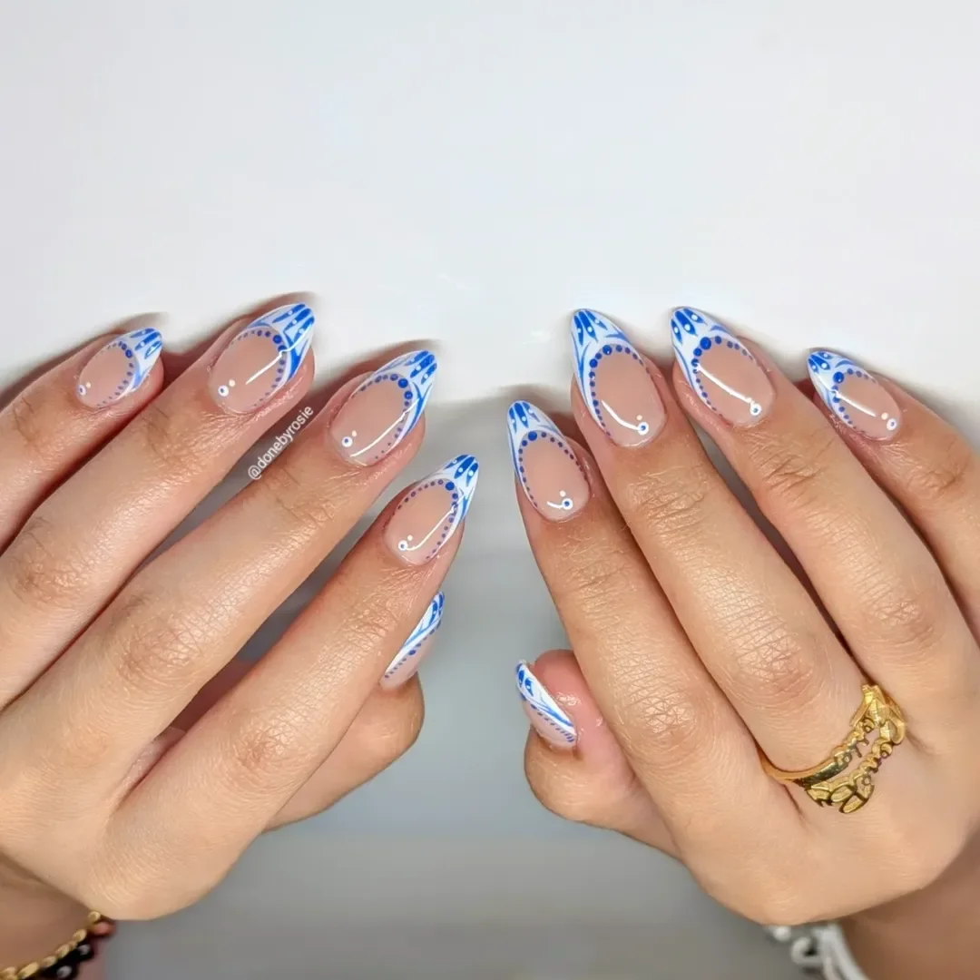 summer beach nails 2026 Blue Porcelain French Nails With Tiny Dot Details