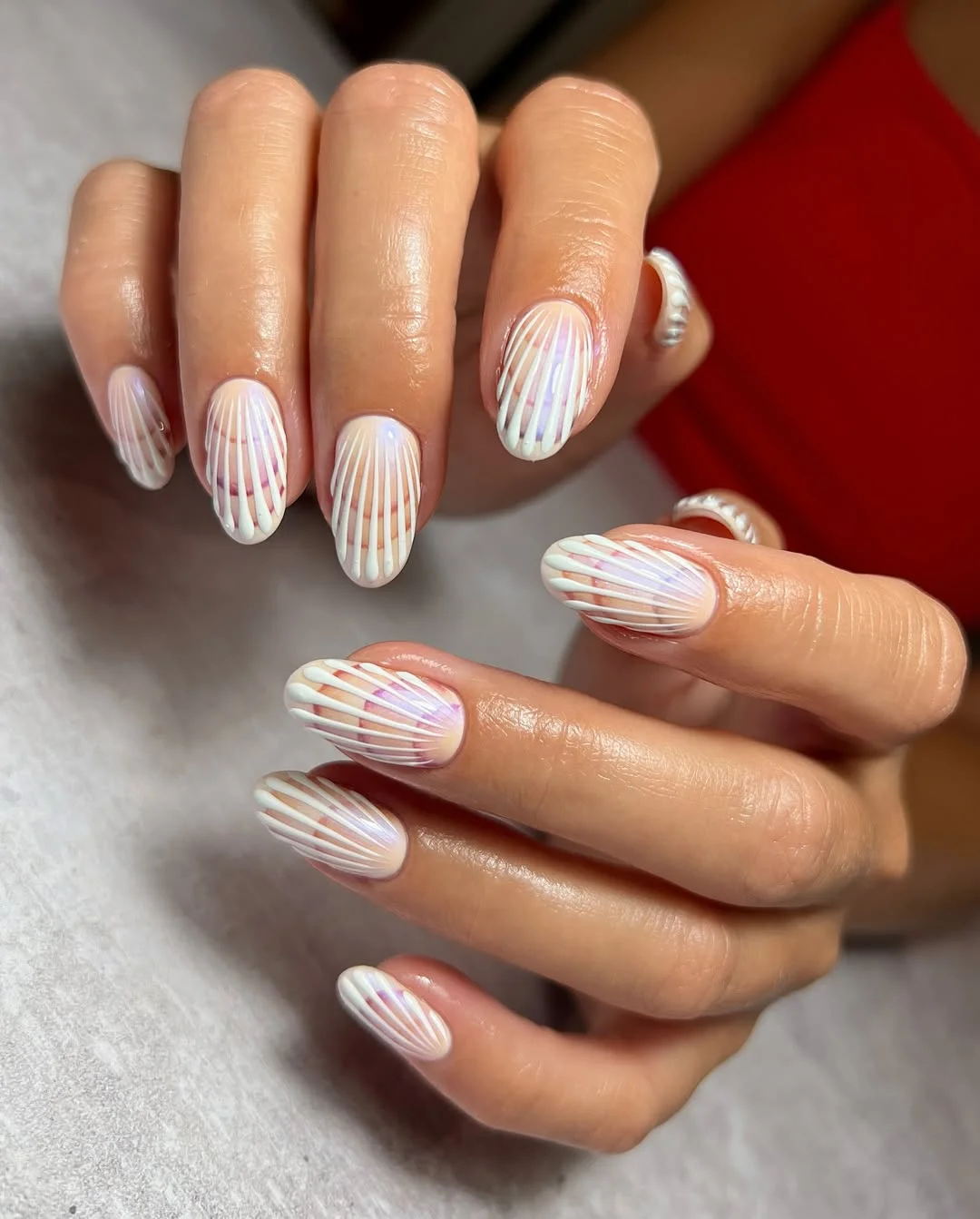 summer beach nails 2026 Pearl Shell Line Nails With a Soft Iridescent Glow