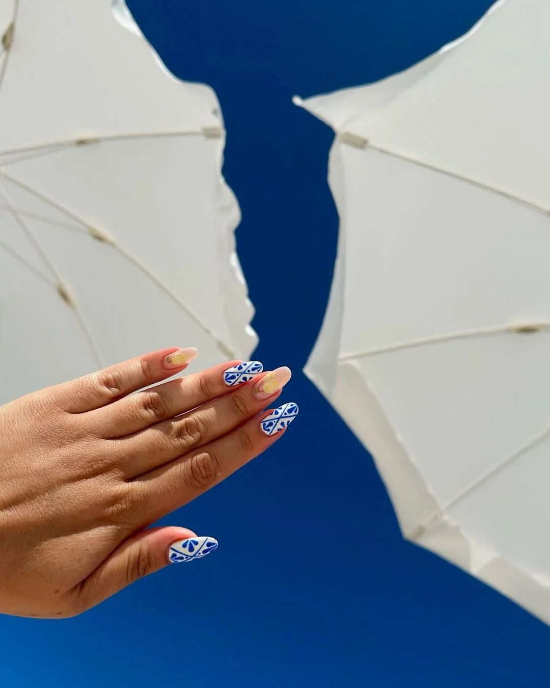 summer beach nails 2026 Blue Tile Beach Nails With a Greek Island Mood