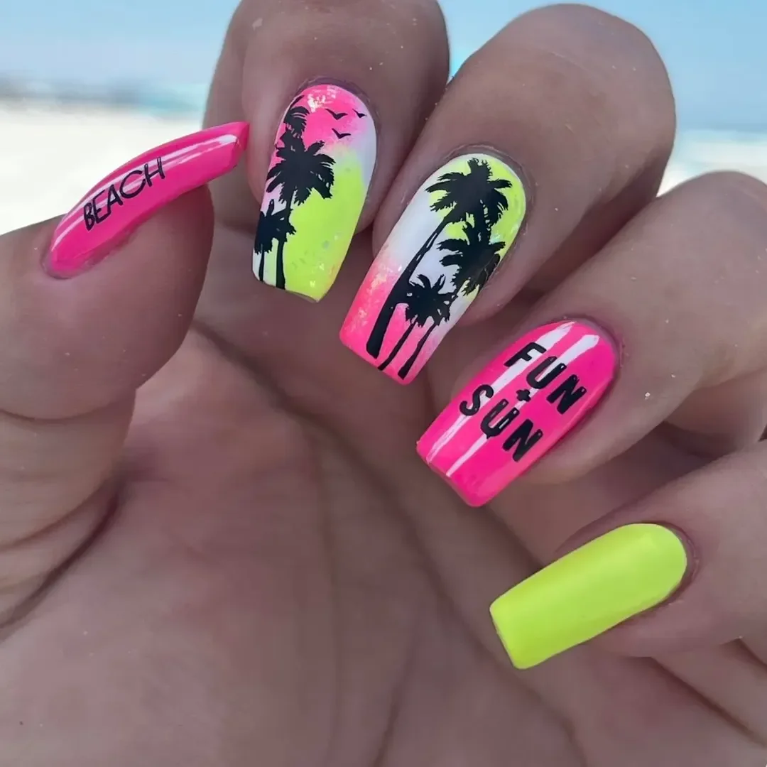 summer beach nails 2026 Neon Palm Tree Nails With Fun-in-the-Sun Energy