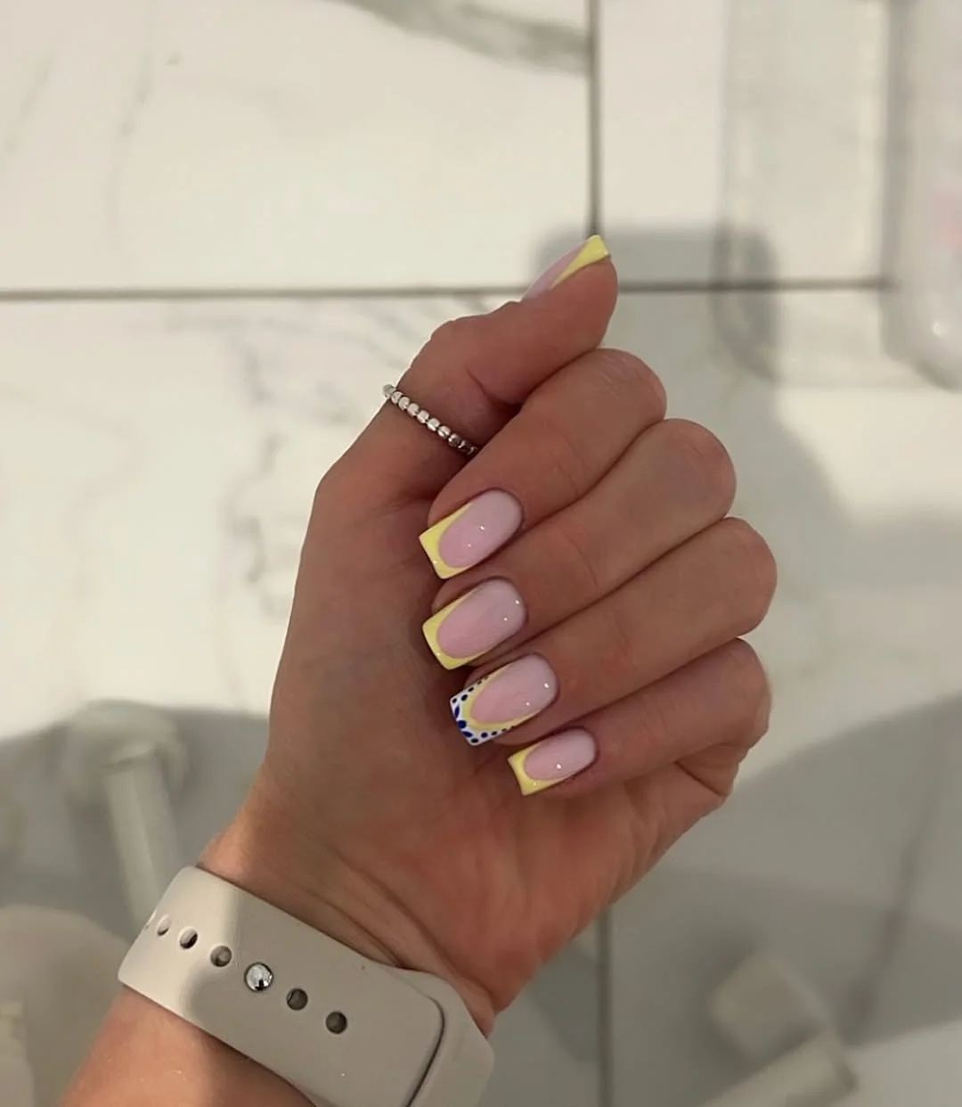 summer beach nails 2026 Butter Yellow Square French Nails With Playful Blue Dots
