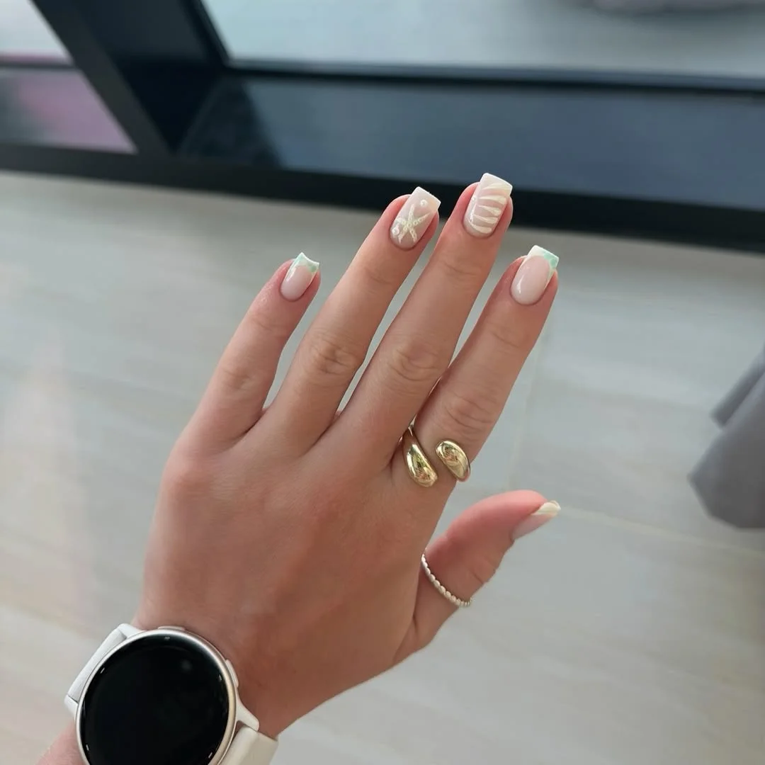 summer beach nails 2026 Minimal Shell French Nails in Soft Mint and Cream