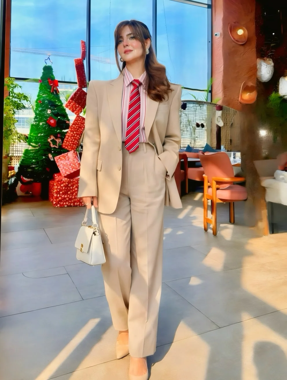 summer business casual outfit for women 2026 Beige Suit With A Red Striped Tie