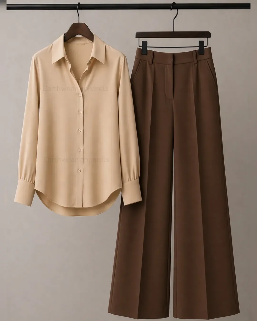 summer business casual outfit for women 2026 Cream Shirt With Chocolate Wide-Leg Pants