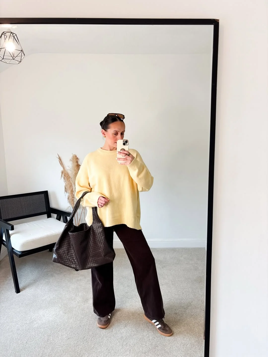 summer business casual outfit for women 2026 Soft Yellow Sweater With Dark Relaxed Pants