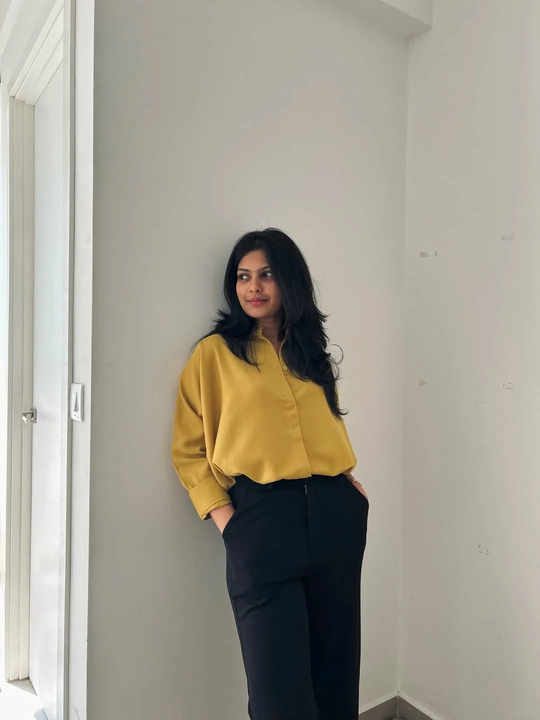 summer business casual outfit for women 2026 Mustard Blouse With Black Tailored Pants