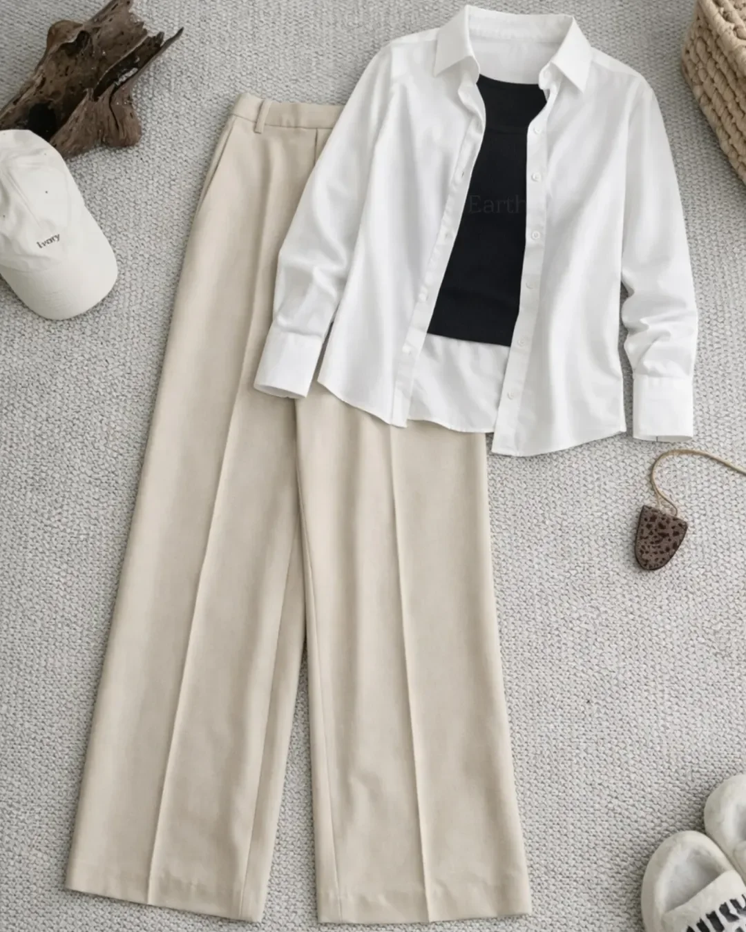 summer business casual outfit for women 2026 White Shirt With Cream Wide-Leg Pants