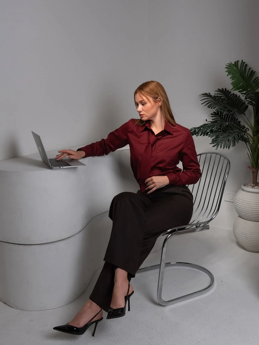 summer business casual outfit for women 2026 Burgundy Shirt With Black Tailored Pants