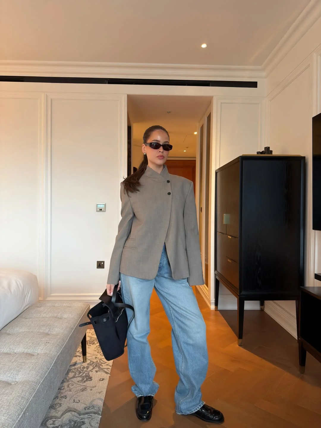 summer business casual outfit for women 2026 Gray Structured Jacket With Relaxed Blue Jeans