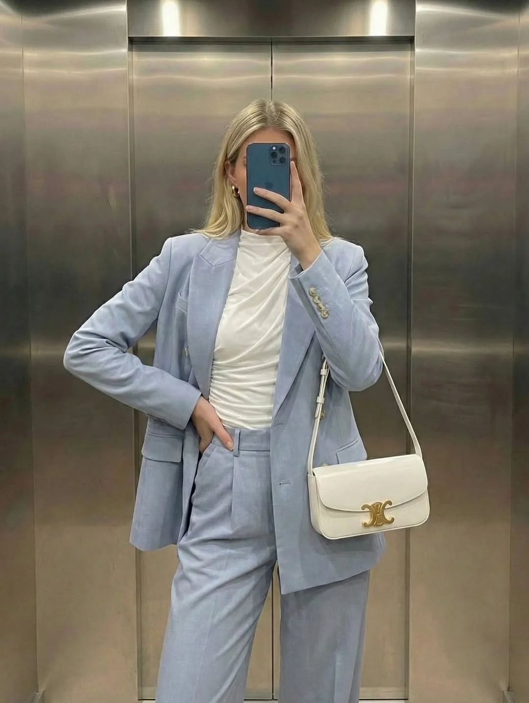 summer business casual outfit for women 2026 Powder Blue Suit With A White Ruched Top