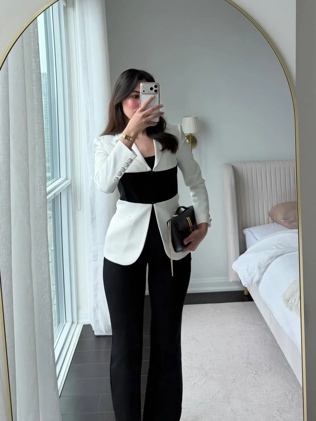 summer business casual outfit for women 2026 White Blazer With A Black Column Base