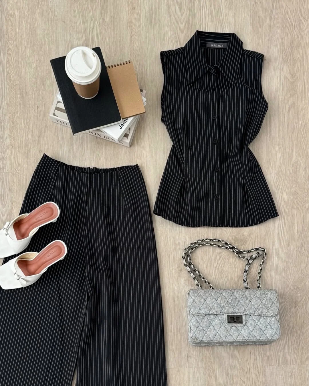 summer business casual outfit for women 2026 Black Pinstripe Set With White Mules