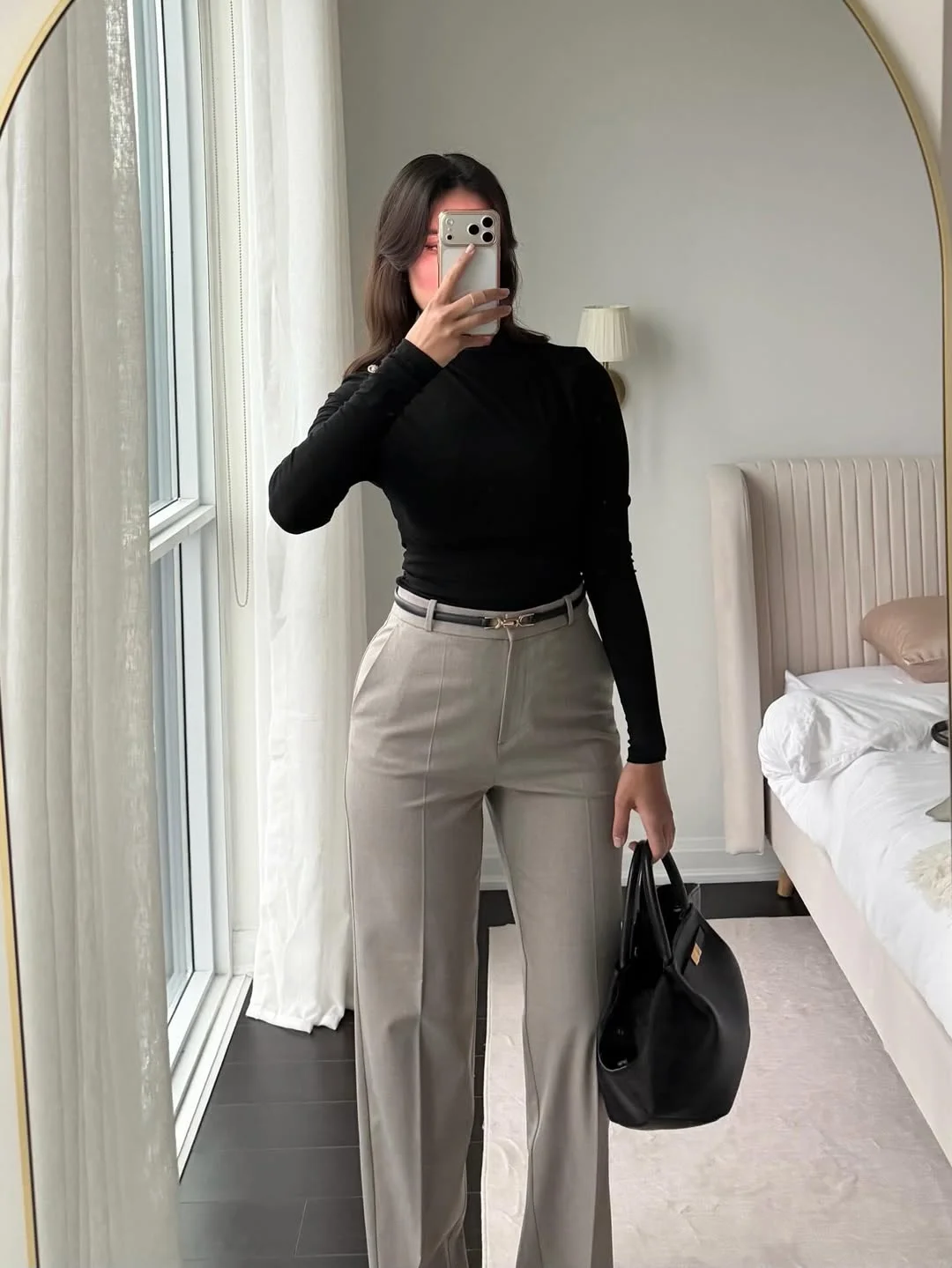 summer business casual outfit for women 2026 Black Turtleneck With Gray Tailored Pants