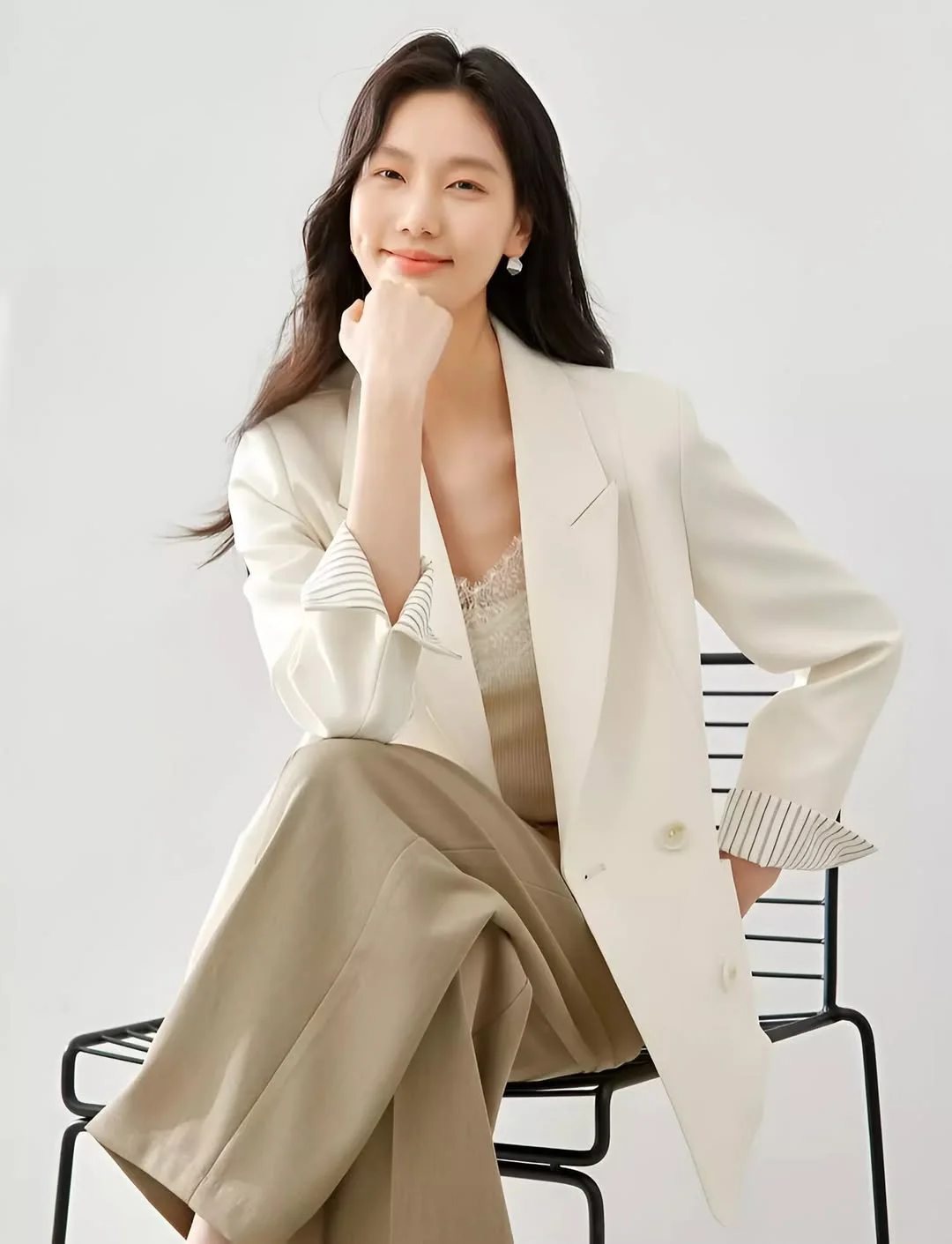 summer business casual outfit for women 2026 Ivory Blazer With Soft Beige Trousers