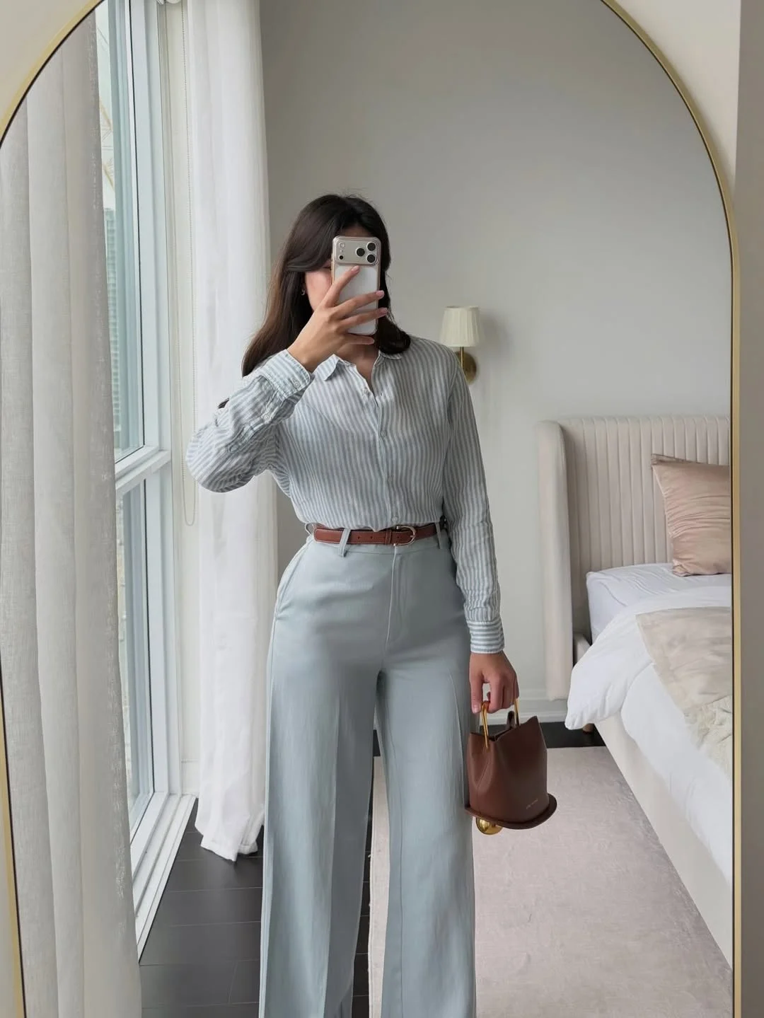 summer business casual outfit for women 2026 Striped Button-Down With Soft Blue Wide-Leg Pants