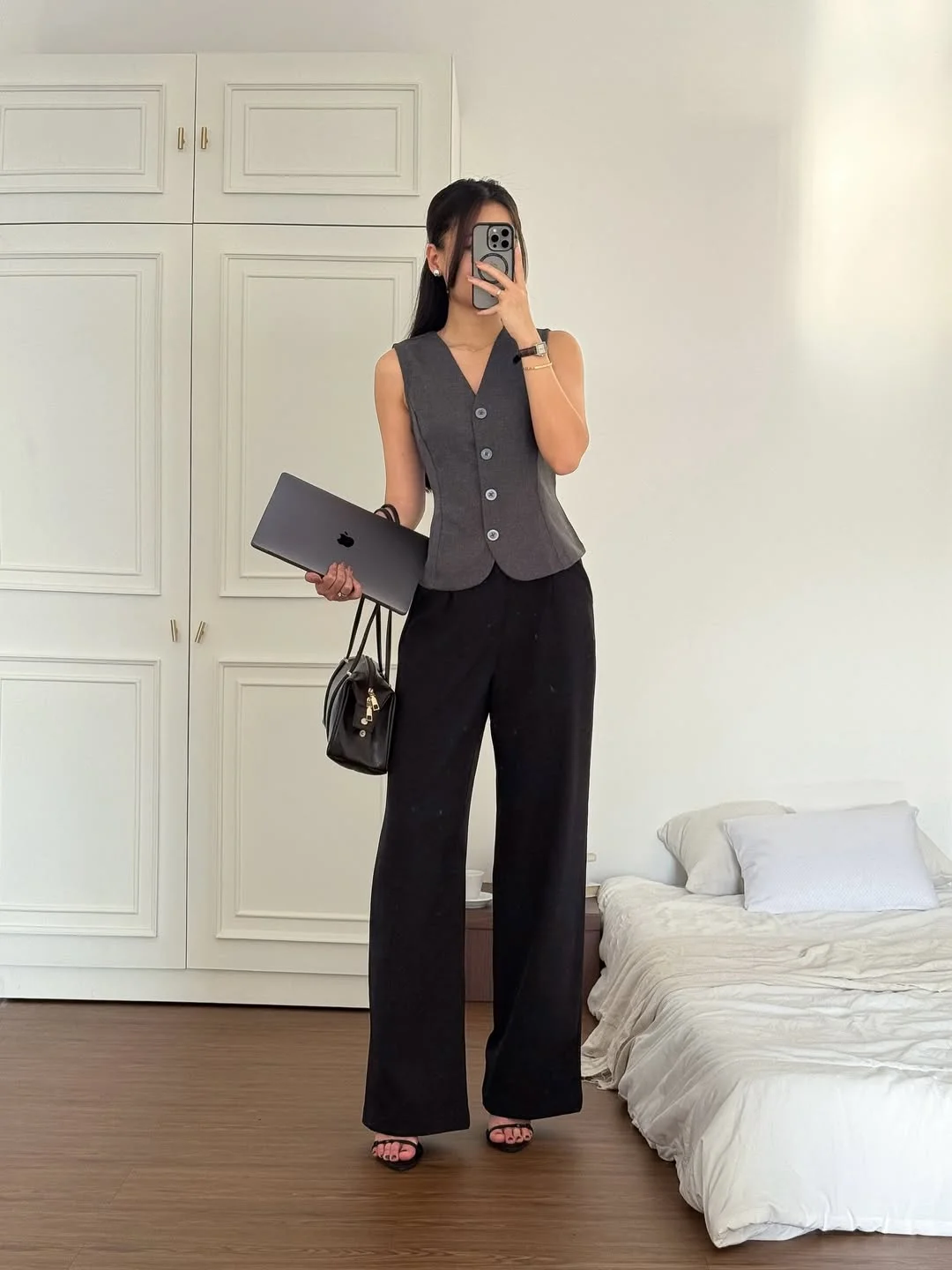 summer business casual outfit for women 2026 Gray Vest With Black Wide-Leg Pants