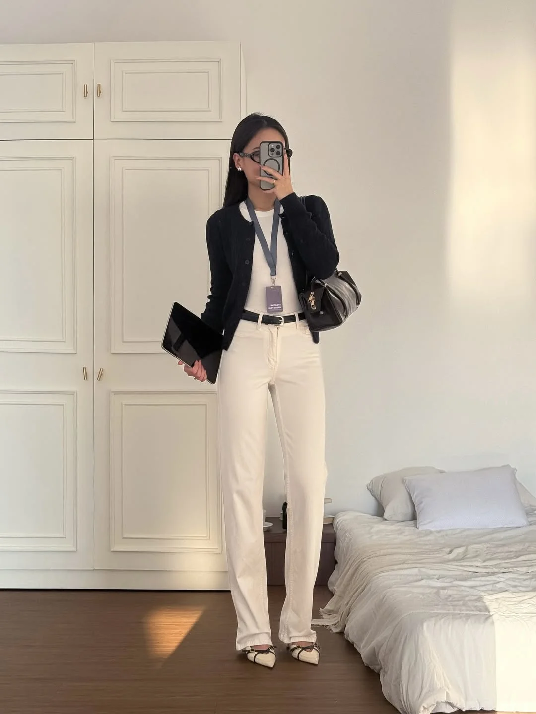 summer business casual outfit for women 2026 Black Cardigan With White Straight Pants