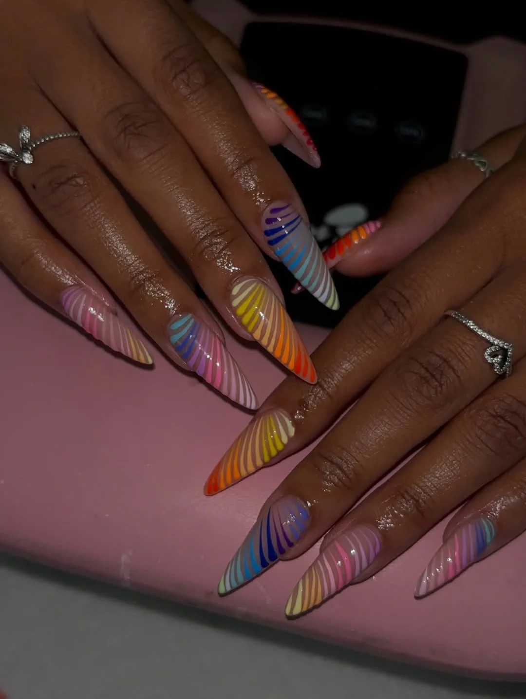 summer dip nails 2026 Rainbow Stiletto Lines With Festival Energy
