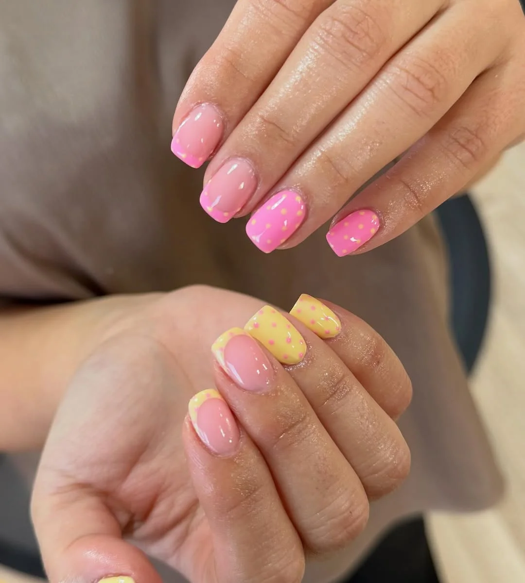 summer dip nails 2026 Pink And Lemon Short Square Nails With Tiny Dots